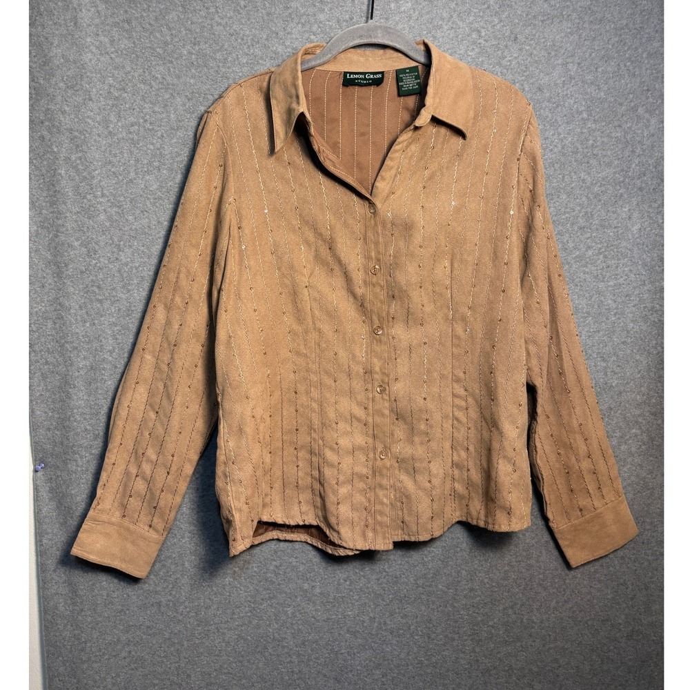 Lemon Grass Studio Button Front Blouse Women's Medium Brown Textured Career Top